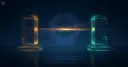 Two glowing glass pillars, one amber and one teal, facing each other across a bursting particle ring, symbolizing two opposing public positions on an AI policy debate