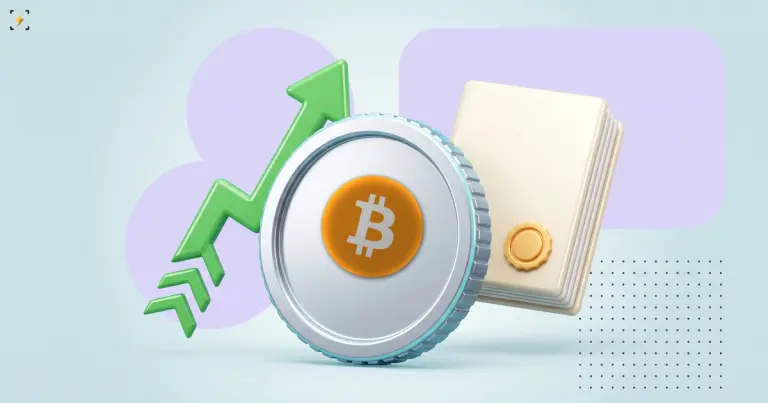A bitcoin coin with a green rising arrow behind it and a sealed stack of legislative pages, on a pale blue background