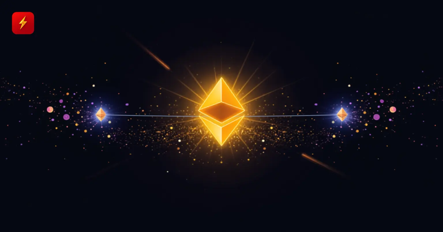 A large glowing diamond-shaped hub with two smaller satellite shapes amid a starfield of particles — cover for the Ethereum 70% RWA deposits DeFi news