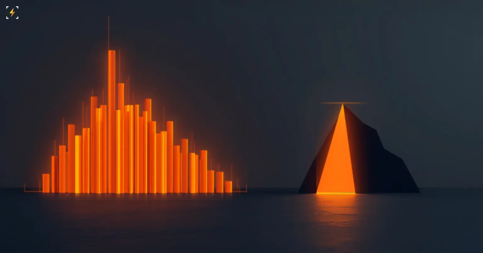 Flat vector illustration of a glowing amber ascending bar chart shaped like a rally on the left, facing a glowing mountain peak silhouette on the right, symbolizing Bitcoin's August rally heading into the Jackson Hole symposium test
