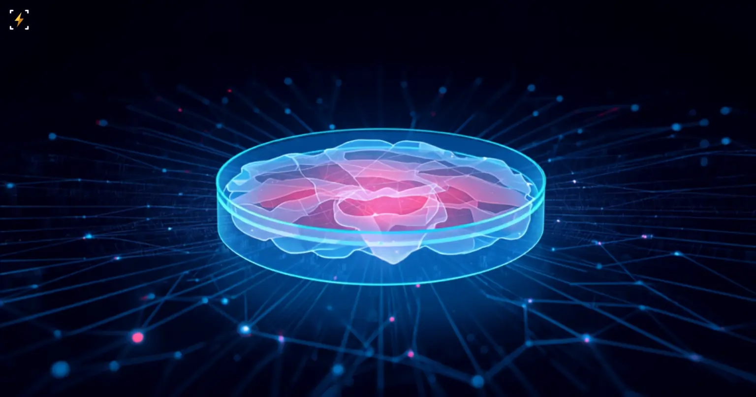 Flat vector illustration of a glowing petri dish holding a translucent pink tissue sample, with fine data-network lines radiating outward against a dark navy background, symbolizing a biotech platform that keeps human tissue alive to train AI models