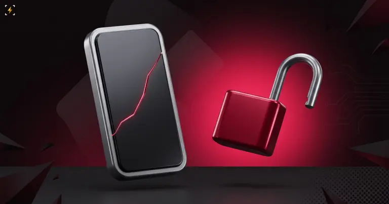Cracked phone screen beside an open crimson padlock