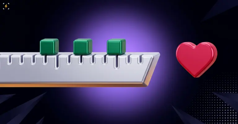 A silver measuring ruler with three green cubes standing on its marked section, and past its cut end a red heart floating with no ruler beneath it