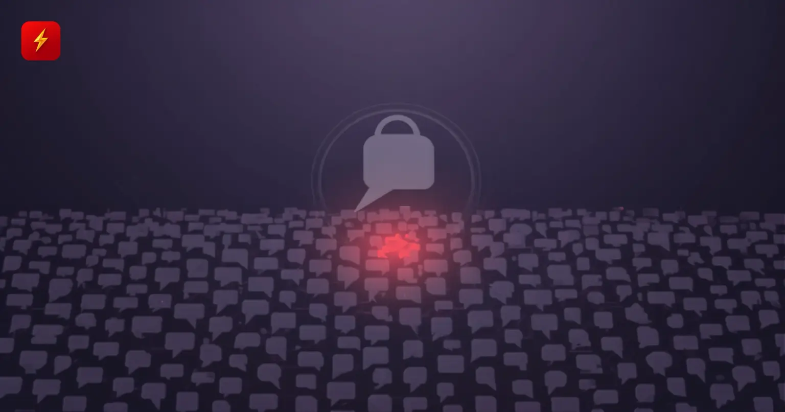 A field of identical chat-bubble shapes with a rare red flagged spot and a detection icon above — cover for the AI-can't-catch-AI-content moderation news