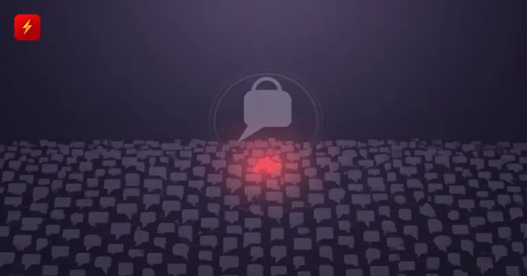 A field of identical chat-bubble shapes with a rare red flagged spot and a detection icon above — cover for the AI-can't-catch-AI-content moderation news