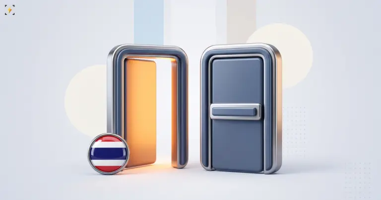 One doorway open with warm light and one shut with a bar, beside a Thai flag badge