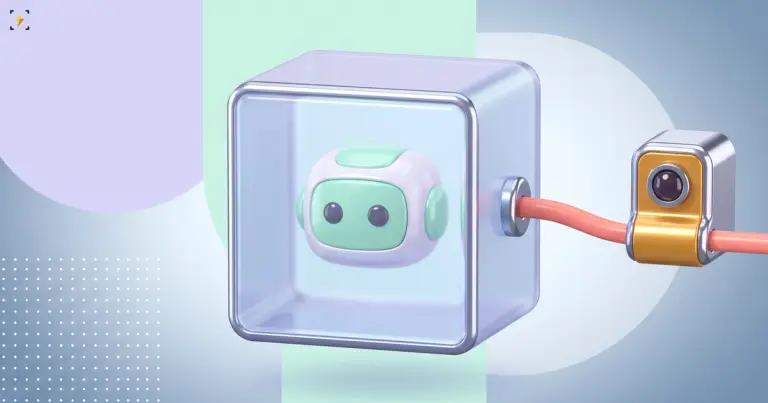 Robot head sealed inside a glass cube with one cable out passing under a watching sensor