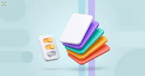 Fanned stack of blank colour cards beside a filter panel with toggles