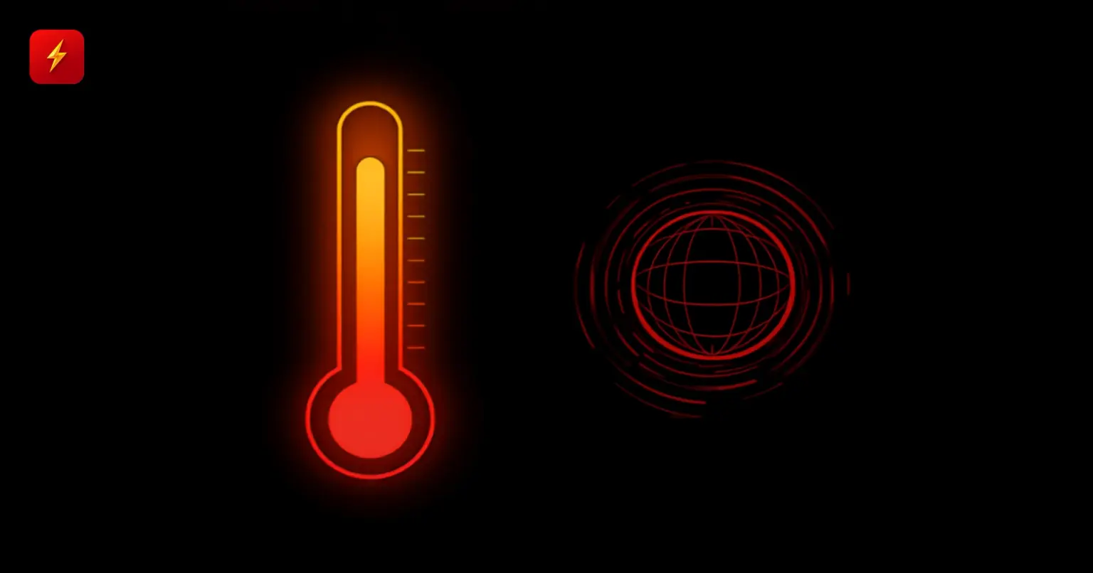 A glowing orange thermometer with rising mercury beside a red globe outline with radiating heat-wave ripples, symbolizing record-breaking global temperatures