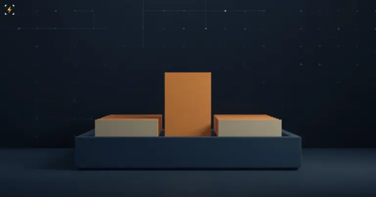 A matte slate card-index tray with one amber card standing above the rest, against a dark wall carrying a faint node-and-line graph