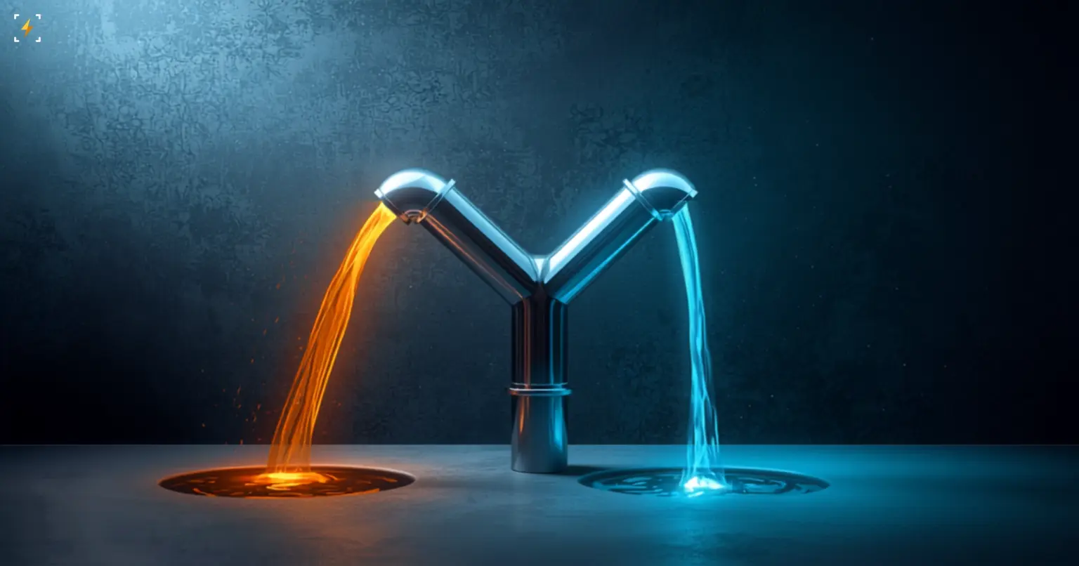 Illustration of a chrome Y-shaped pipe junction on a dark steel blue background pouring a warm amber stream into one drain and a cyan stream into another, illustrating opposite daily flows between bitcoin and altcoin ETFs