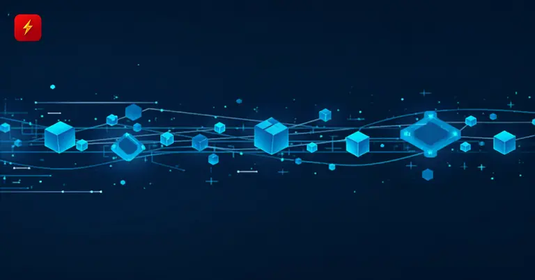 Stylized blockchain network illustration with streaming data blocks — cover for World Chain Flashblocks news