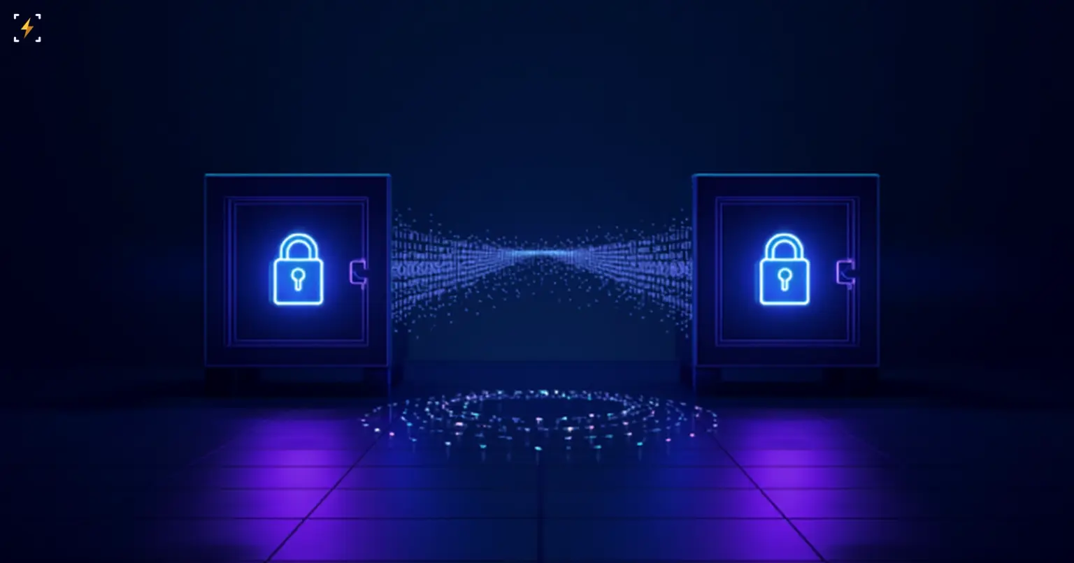Two glowing locked vaults facing each other across a tunnel of data particles, symbolizing a cryptographic double-blind evaluation where neither side sees the other's private data