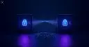 Two glowing locked vaults facing each other across a tunnel of data particles, symbolizing a cryptographic double-blind evaluation where neither side sees the other's private data