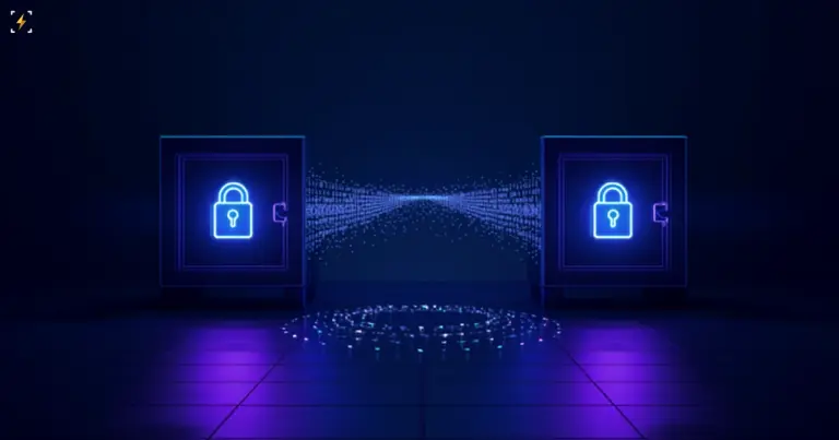 Two glowing locked vaults facing each other across a tunnel of data particles, symbolizing a cryptographic double-blind evaluation where neither side sees the other's private data