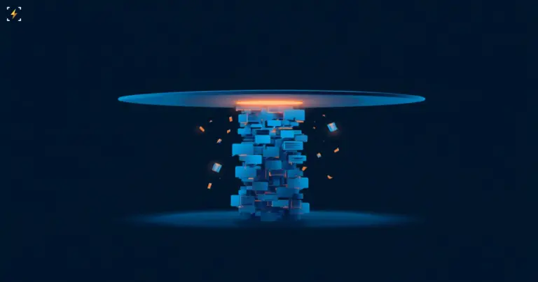 Flat vector illustration of a tall stack of glowing blue chat-message blocks being compressed by a flat plate from above, with orange fragments breaking off and drifting away, symbolizing AI systems dropping user instructions during context compression