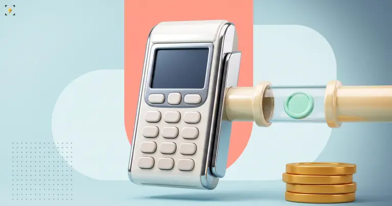 Payment terminal with a pipe carrying one token past it toward a stack of plain coins