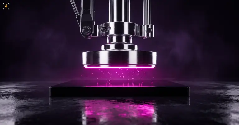 A polished chrome seal press hanging just above a glossy black plate, magenta light and sparks filling the narrow gap between them