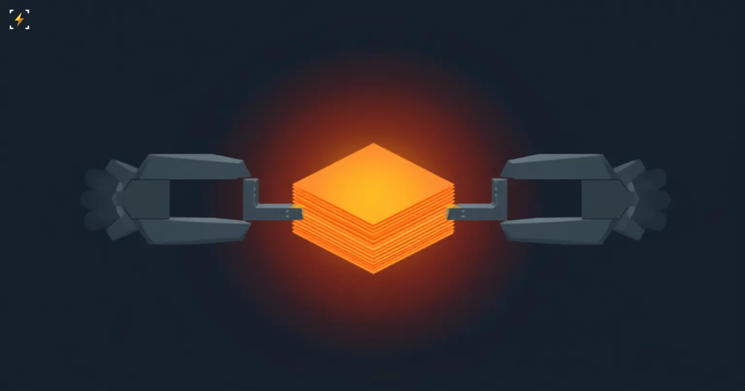 Flat vector illustration of two mechanical clamps gripping the same glowing stack of documents from opposite sides, symbolizing collateral pledged twice in the alleged Tricolor Holdings fraud