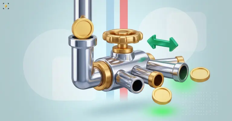 A chrome and brass pipe manifold splitting one stream of gold coins into five outlet pipes