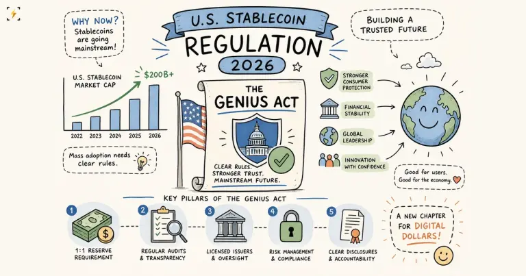 Инфографика закона GENIUS: график капитализации стейблкоинов США, свиток с печатью Капитолия и пять опор закона