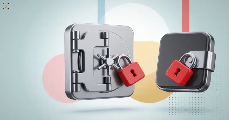 A steel bank vault door and a hardware wallet each carrying the same red padlock, illustrating Venezuela's move from frozen bank accounts to frozen USDT wallets