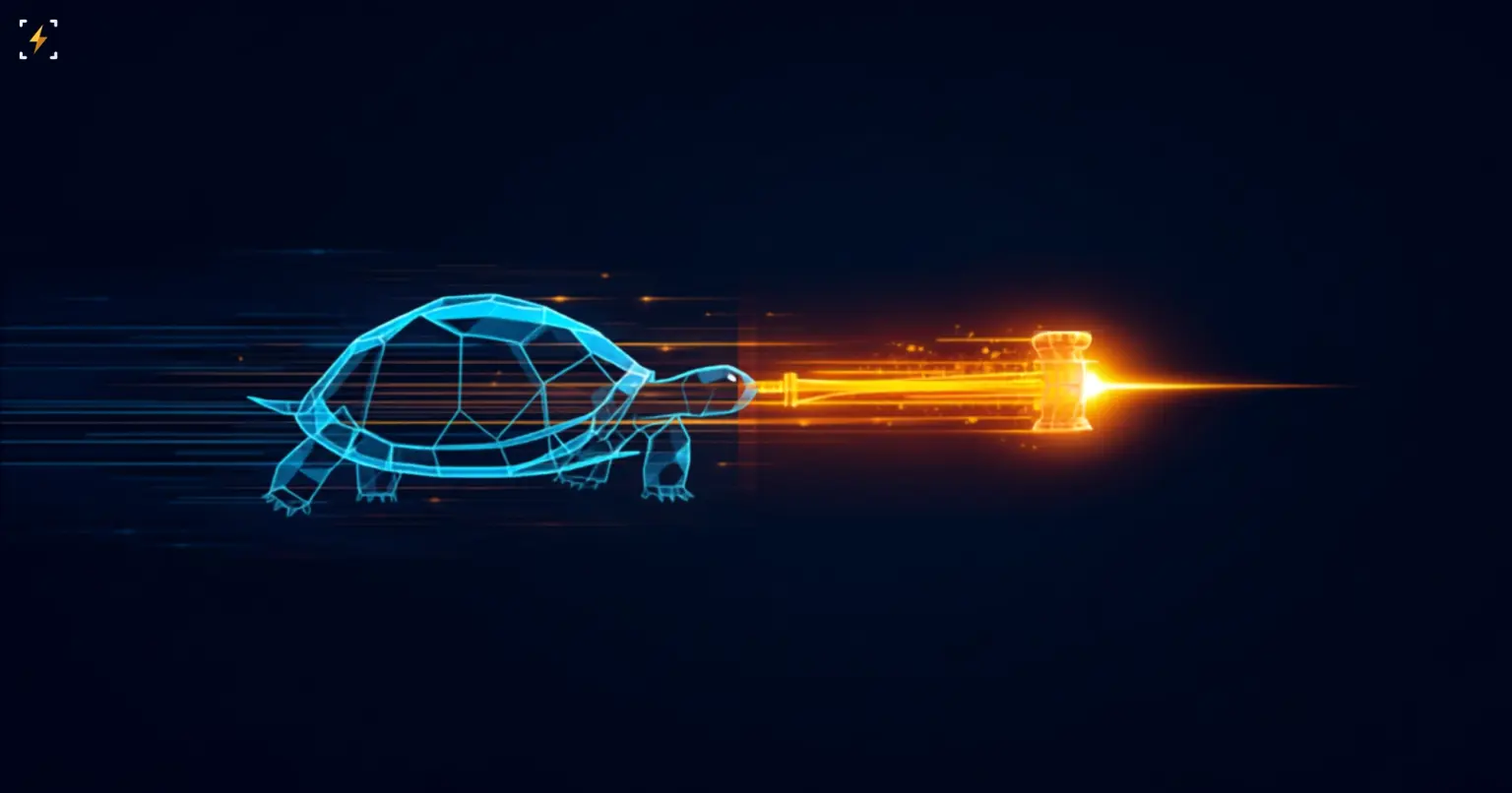 Flat vector illustration of a glowing blue geometric tortoise trailing behind a glowing amber gavel streaking ahead on a bright light trail, symbolizing the SEC's crypto rulemaking moving faster than Congress's stalled Clarity Act