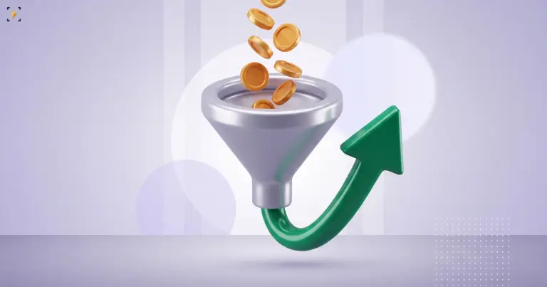 A silver funnel taking in a thin stream of small gold coins while a much thicker green arrow curves up out of its spout