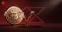 A thin trickle in a funnel next to a Bitcoin coin symbolizes the smallest-ever inflows into Bitcoin ETFs