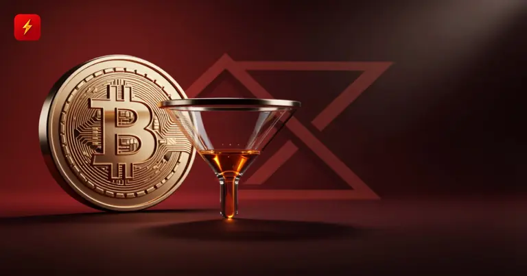 A thin trickle in a funnel next to a Bitcoin coin symbolizes the smallest-ever inflows into Bitcoin ETFs