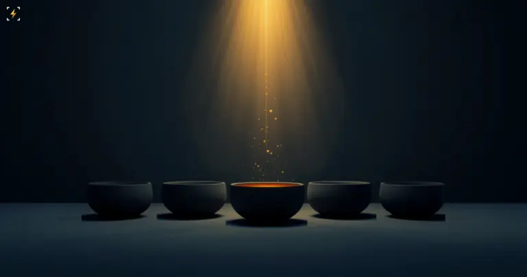 Five matte vessels in a row with only the centre one filled by a falling stream of gold light, illustrating bitcoin funds taking most of the week's inflows