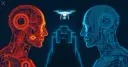 Two robot head silhouettes, one red and one blue, face each other across a glowing barrier with a drone hovering between them
