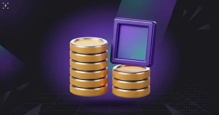 Tall stack of six gold coins beside a half-height stack of three holding a violet picture frame