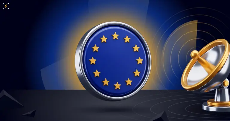 Blue badge ringed with gold stars beside a golden radar dish sending out rings