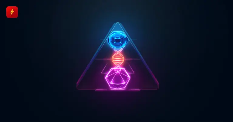 Flat vector illustration of a glowing triangle containing a lens, a DNA helix, and a cell shape stacked vertically, symbolizing three digest stories: surveillance, cloning, and children's cell mapping