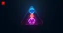 Flat vector illustration of a glowing triangle containing a lens, a DNA helix, and a cell shape stacked vertically, symbolizing three digest stories: surveillance, cloning, and children's cell mapping