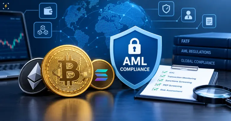 AML compliance shield beside crypto coins, a checklist and FATF regulation books