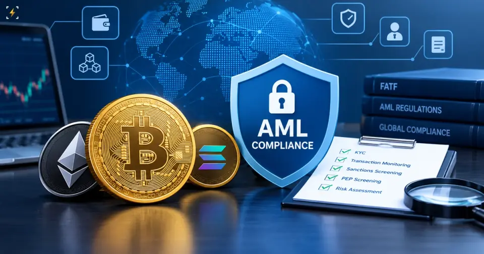 AML compliance shield beside crypto coins, a checklist and FATF regulation books