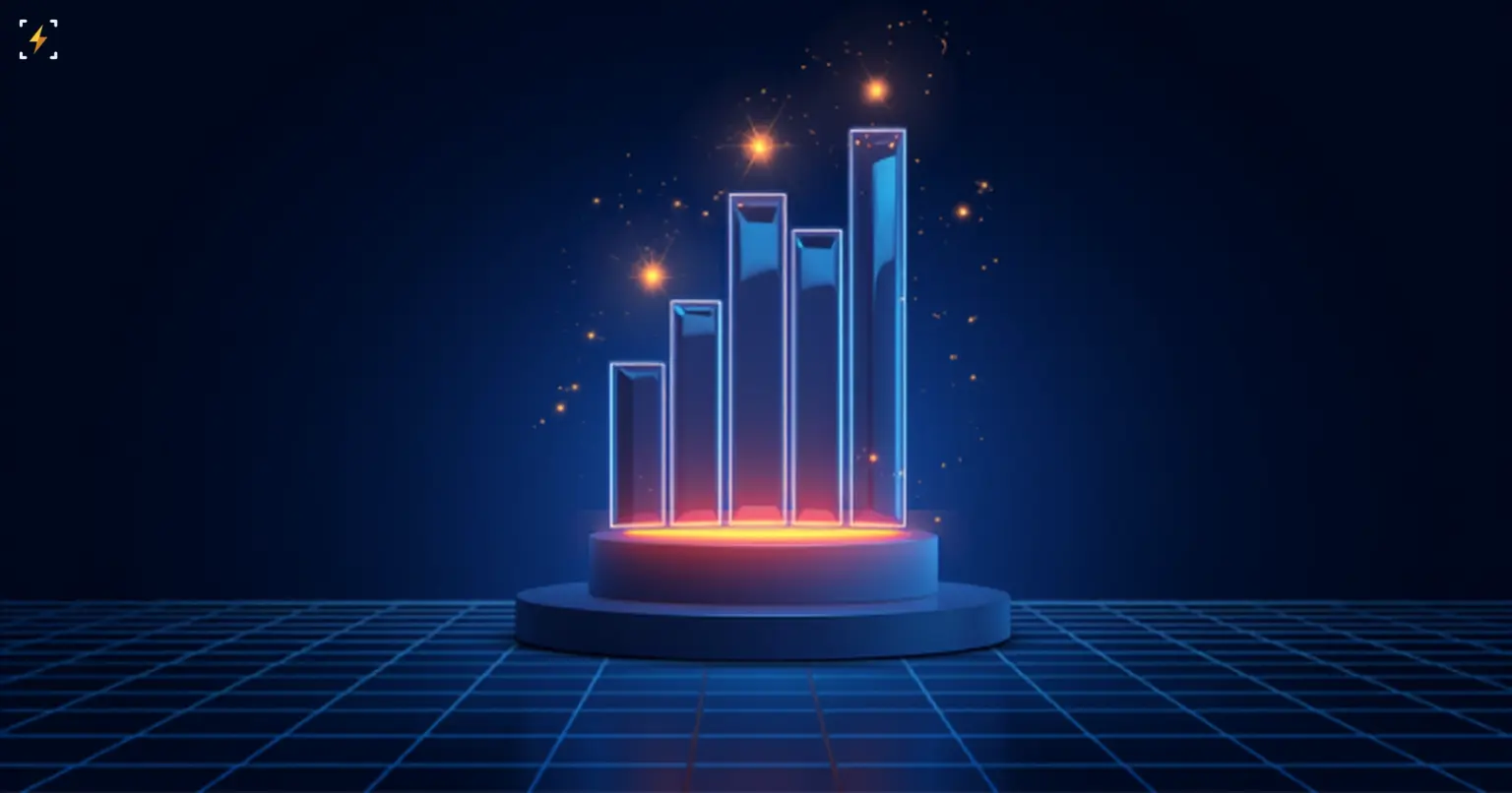 Five glowing glass bars of increasing height on a lit podium with amber sparkles above, symbolizing a ranked list of most-read stories
