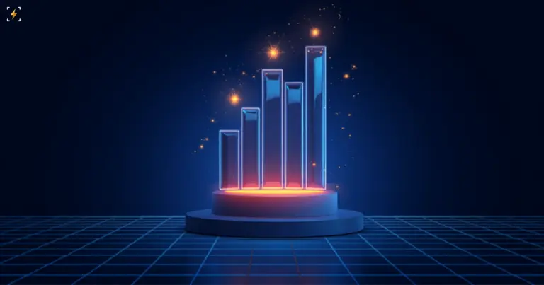 Five glowing glass bars of increasing height on a lit podium with amber sparkles above, symbolizing a ranked list of most-read stories