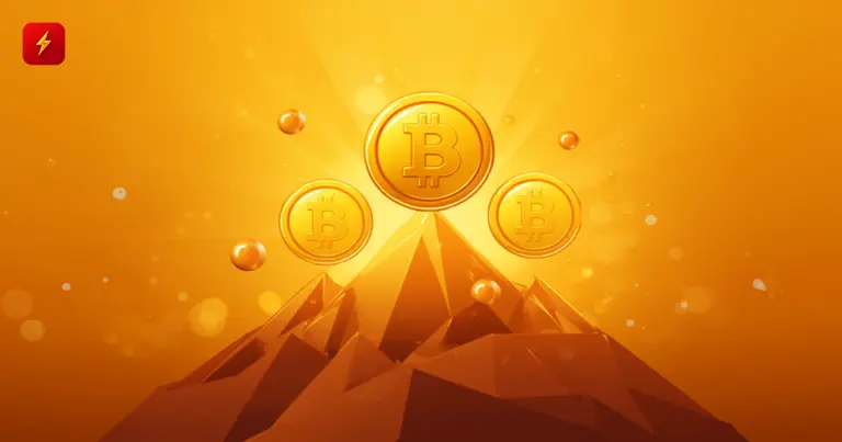 Three bitcoin coins float above a geometric golden mountain, symbolizing whale accumulation during the dip