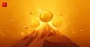 Three bitcoin coins float above a geometric golden mountain, symbolizing whale accumulation during the dip