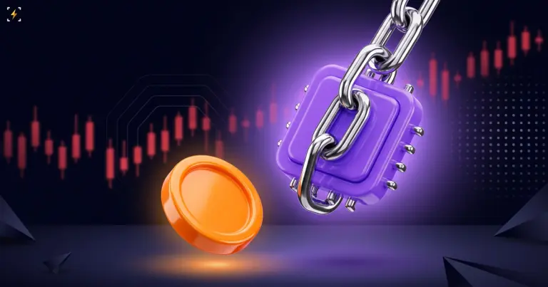 Large chip weighed down by a chain beside a smaller orange coin