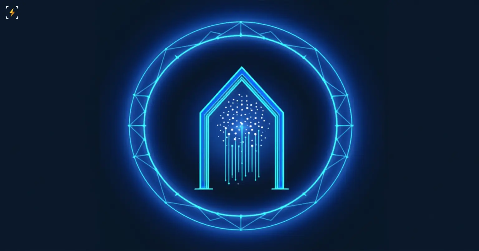 Flat vector illustration of a glowing blue abstract archway inside a circular seal-like ring, with a stream of small glowing particles flowing through the gateway, symbolizing a regulated exchange opening access to a token