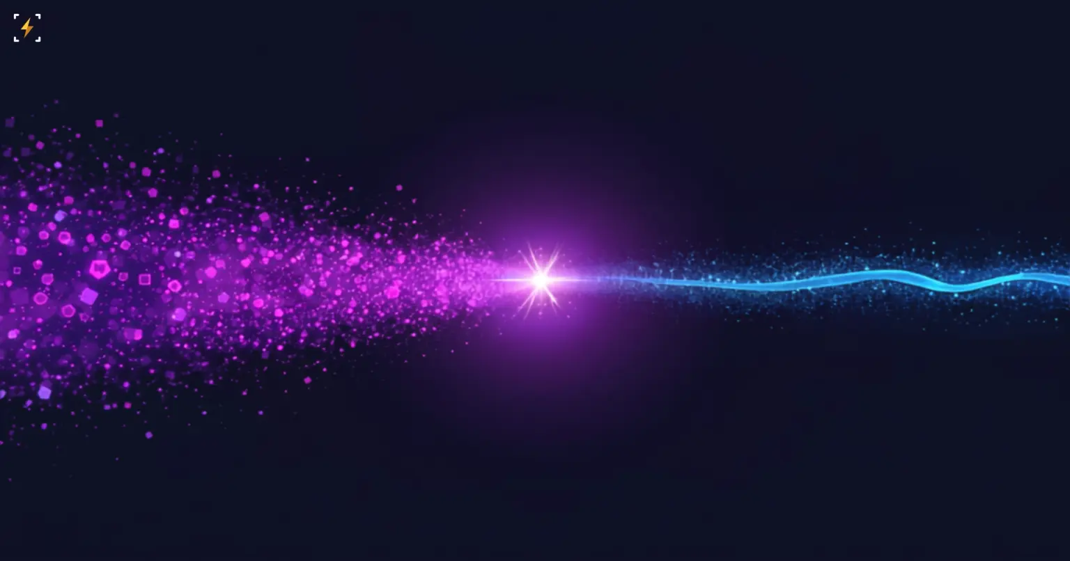 Flat vector illustration of two glowing data-particle streams meeting at a bright junction, a large dense violet stream of token particles on the left dwarfing a thin blue stream on the right, symbolizing AI agent token usage vastly outpacing human token usage
