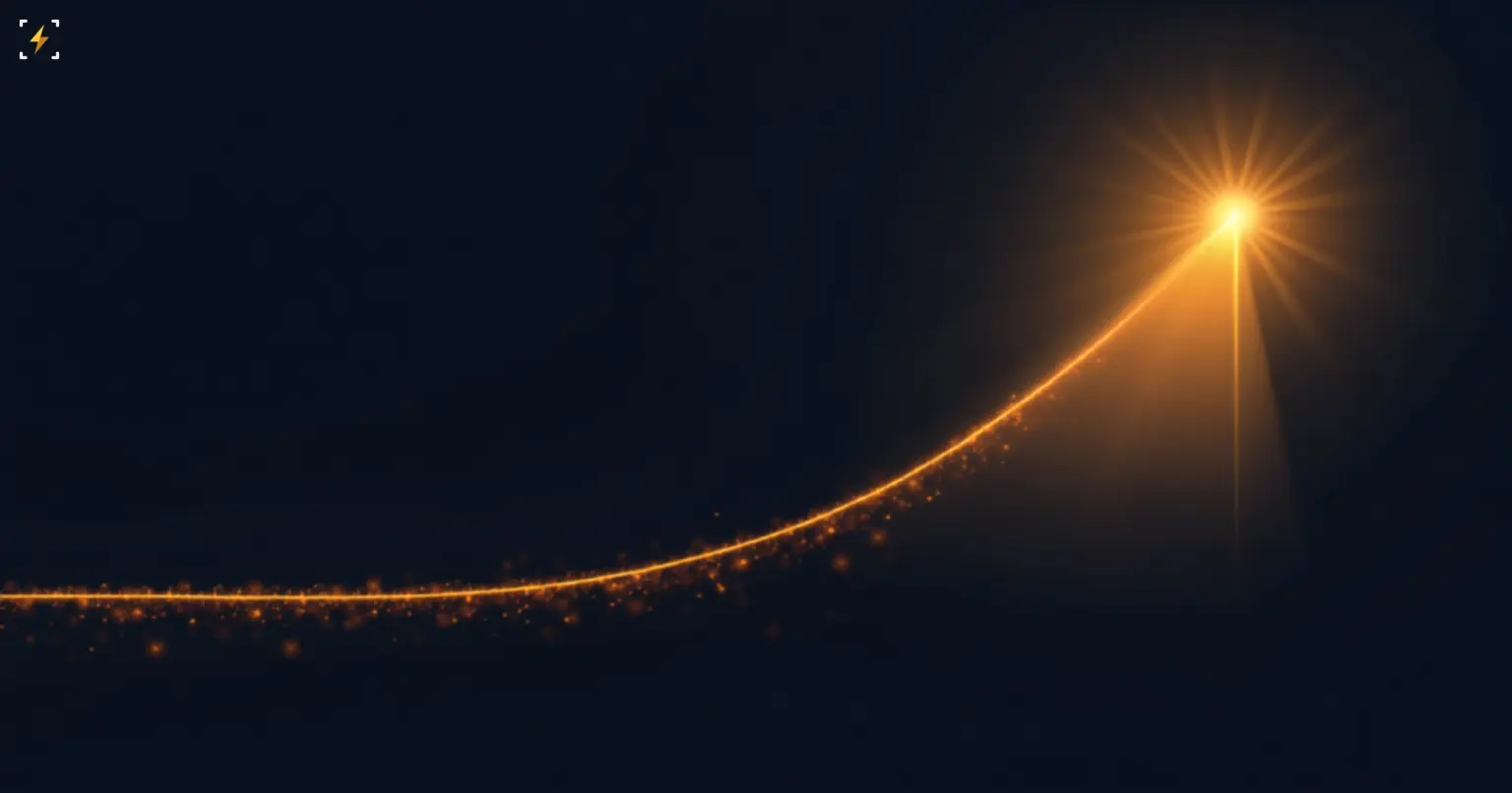 Flat vector illustration of a glowing price line with scattered particles that stays flat before making a sharp upward spike into a bright burst, symbolizing HYPE's price jump preceded by unusual trading activity