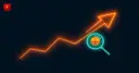 A dramatic glowing orange spike arrow next to a magnifying glass revealing a small geometric coin shape, symbolizing a misleading percentage headline hiding a small real dollar value