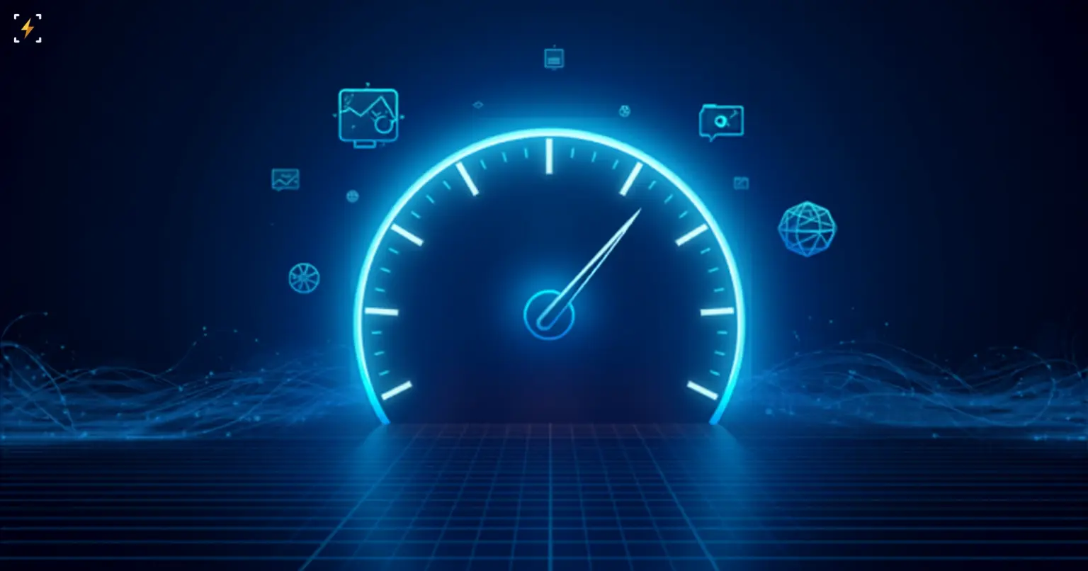 Glowing blue gauge dial with a centered needle, surrounded by small tool and chart icons floating around it, symbolizing a hub of market indicators
