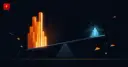 A dramatically tilted scale: a huge glowing orange bar-chart tower outweighs a tiny blue bar chart — cover for the Binance futures-to-spot record ratio news