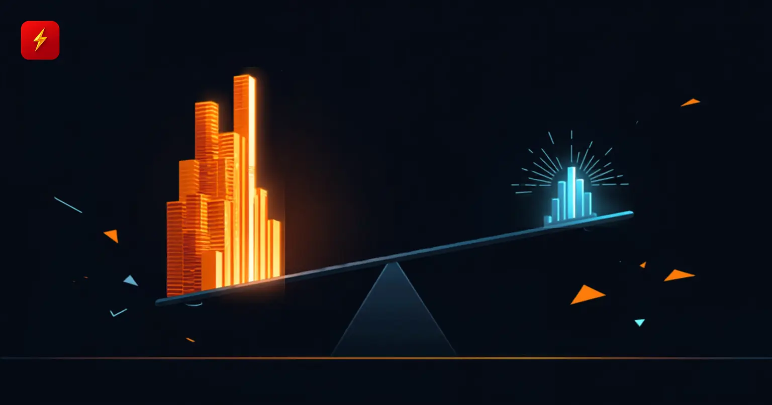 A dramatically tilted scale: a huge glowing orange bar-chart tower outweighs a tiny blue bar chart — cover for the Binance futures-to-spot record ratio news